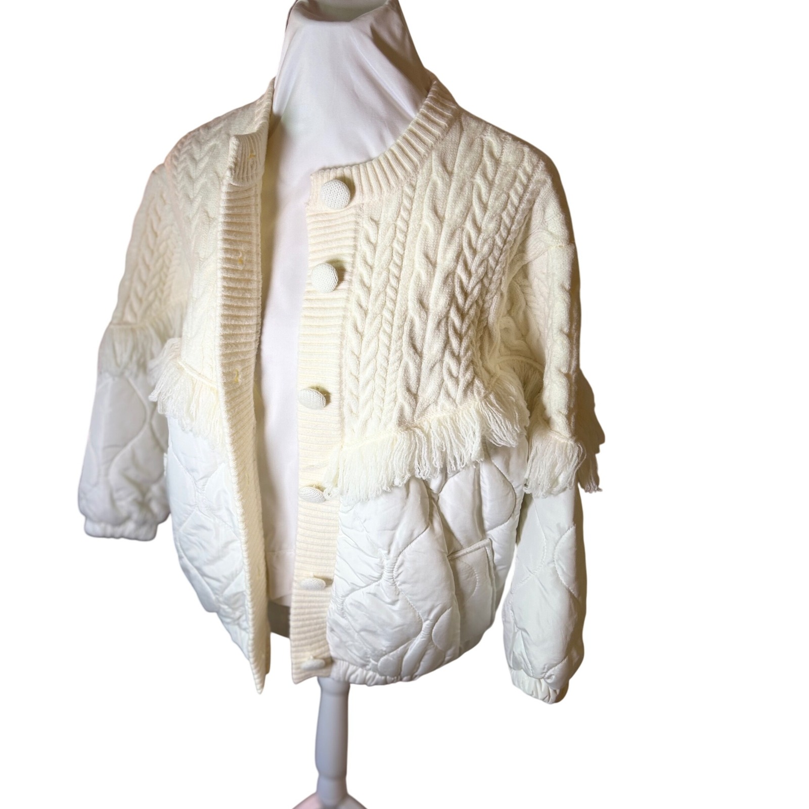 Sunday Up Cream Quilted Knit Combo Jacket Fringe Trim Cropped Cardigan M